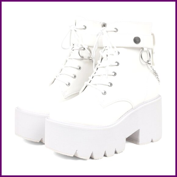 Platform Ankle Boots Combat Wedge Heel Lace Up Zipper Punk Chain Shoes